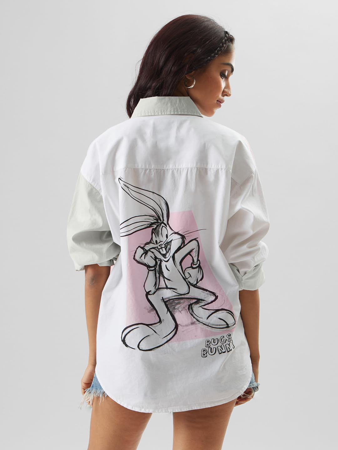 The Souled Store Official Looney Tunes: Bugs is Back Women and Girls Oversize Fit Full Sleeve Cotton Multicolor Boyfriend Shirt Women Boyfriend Shirts Fashionable Trendy Graphic Prints Pop Culture