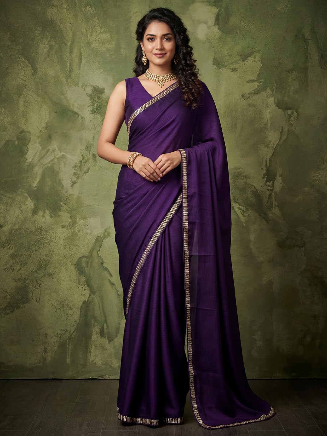 AKHILAM Women's Shimmer Purple Satin Solid Embroidered Lace work Saree With Unstitched Blouse Piece | saree for woman | Designer Saree for Women | Soft and Skin Friendly (GOPI8501_RX)