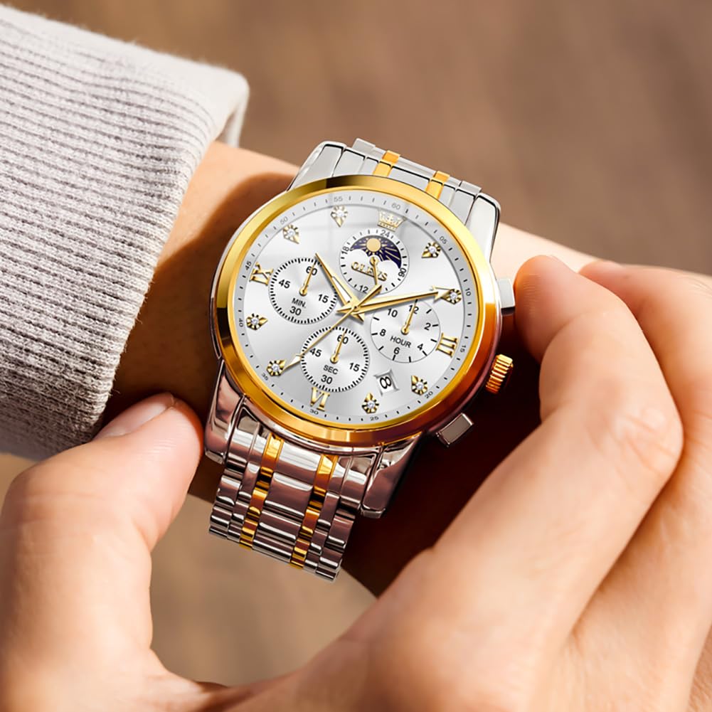 OLEVS Watch for Men Diamond Business Dress Analog Quartz Stainless Steel Waterproof Luminous Date Two Tone Luxury Casual Wrist Watch, Silver watches gold 3655, men watch