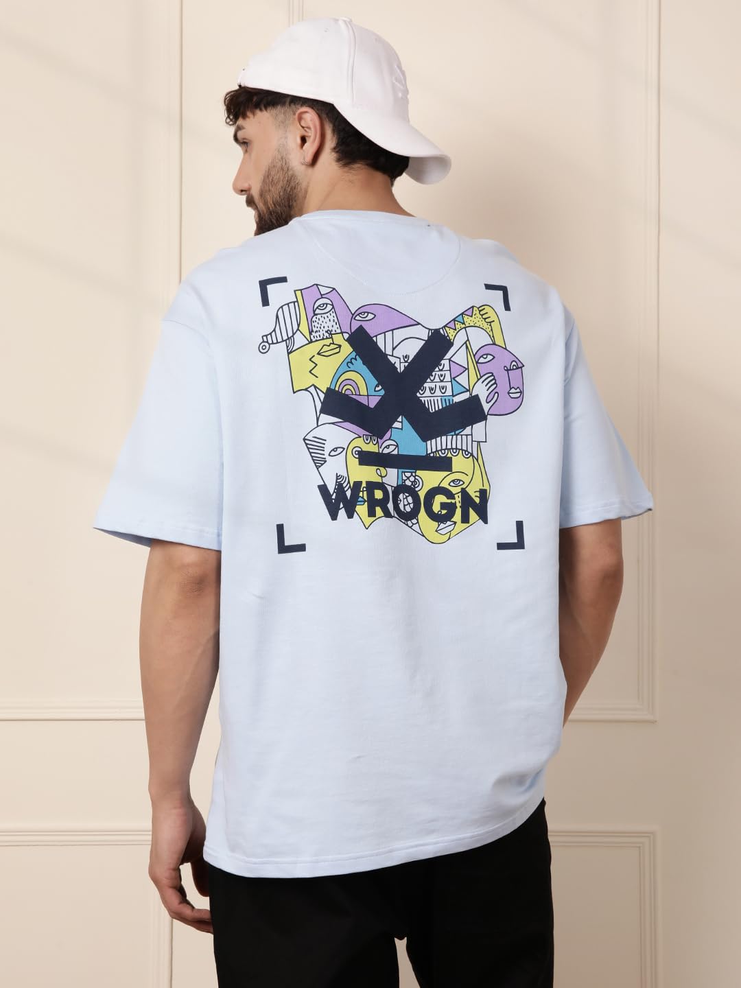 WROGN Men's 220 GSM Pure Cotton Terry T-Shirt | Front & Back Graphic Print | Oversized Fit | Blue | M