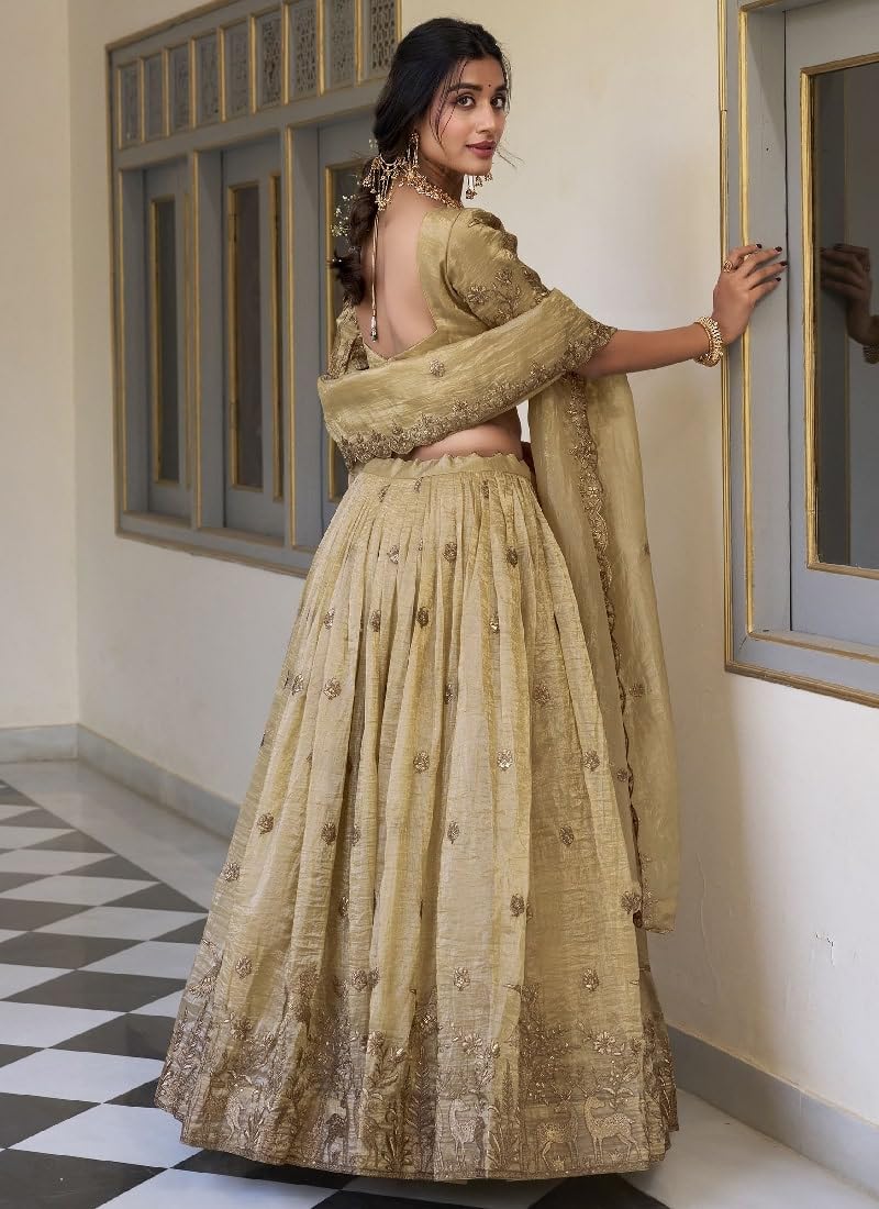 JIHU CULTURE Beige Silk Thread Sequence Embroidery Work Semi-Sttiched Lehenga Choli Set For Women