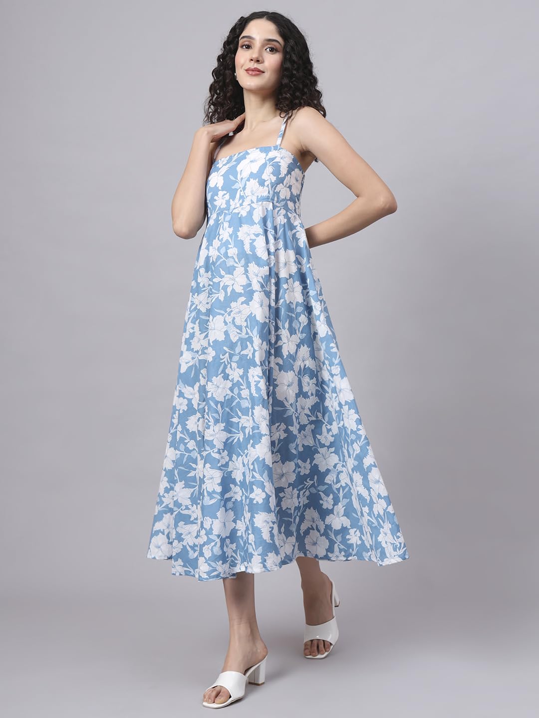 Divena Blue Floral Shoulder Straps Cotton Dress
