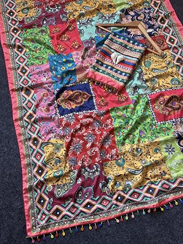 SHANTVAN GALLERY Ajrakh Print Saree for Women with Mirror Work Border and Kodi Latkan, Roman Silk 3D Position Print Silk Saree for Woman with Unstitched Blouse Piece