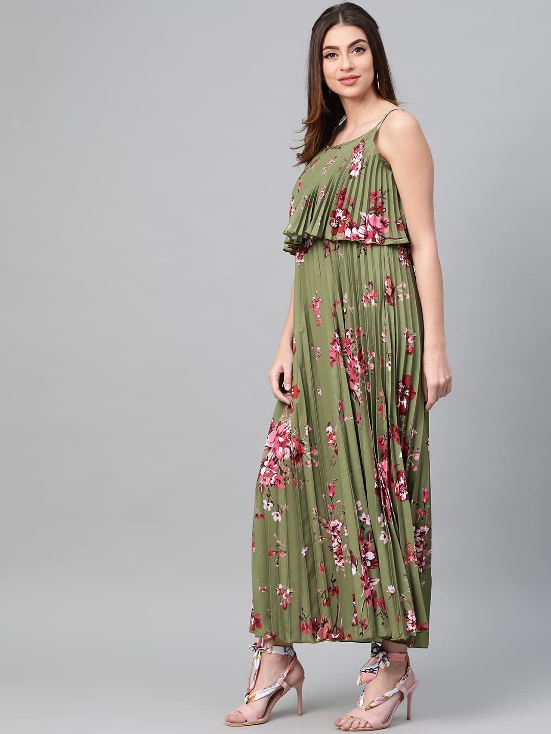SASSAFRAS Olive Floral Strappy Pleated Maxi Dress