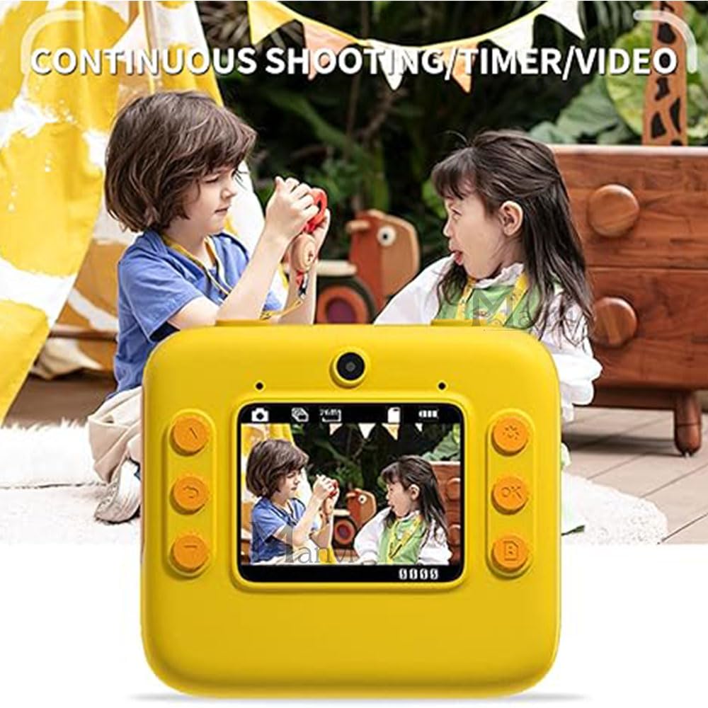 MANVI Instant Print Camera for Kids, 48 MP Print Camera for Boys & Girls, 1080P Video Recoding Camera with 3 Printing Rolls (Yellow)