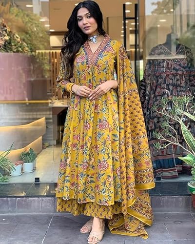 Avayayat Women's Rayon Anarkali Printed Kurta Set with Pant and Dupatta, A-Line Design, 3/4 Sleeves, Comfortable Ethnic Wear for Festive, Casual, Office & Wedding Occasions Yellow (Yellow, XL)