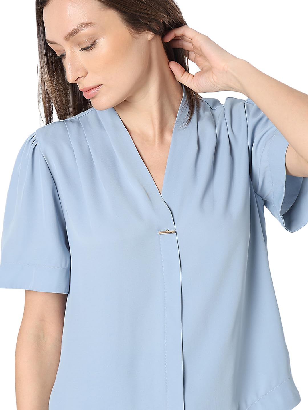 VERO MODA Women Solid Blue Polyester Regular Fit Top