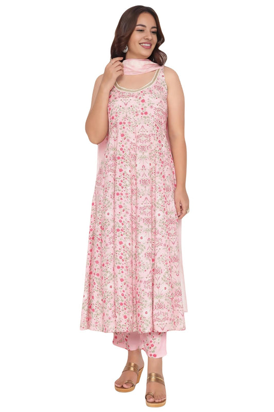 W for Woman Rose Pink Printed Shantung Flared Kurta, Parallel Pant and Dupatta Set (Size: XXL)-WS13091-126506