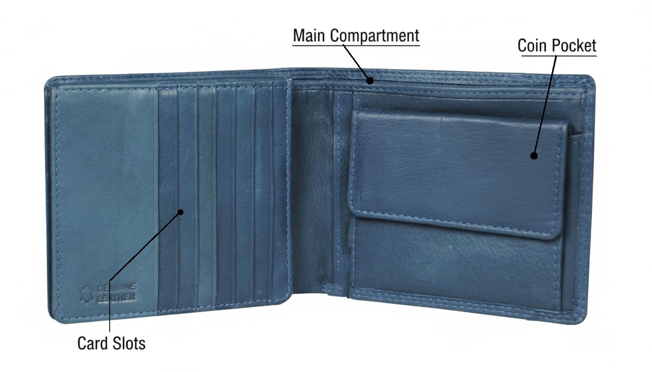 Calfnero Men's Genuine Leather Bifold Wallet-Multiple Card Slots ID Window with Coin Pocket-Navy Leather Wallet