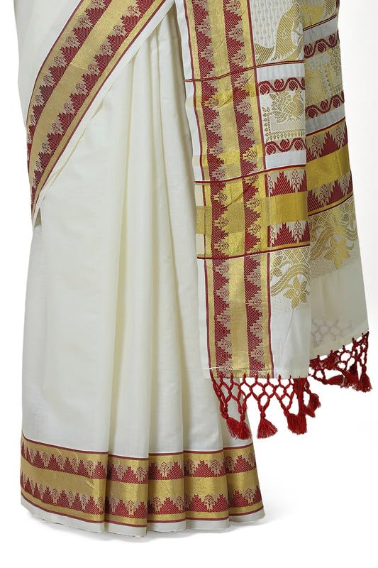 Soch Womens Cream Cotton Blend Woven Design Kasavu Saree With Tassels