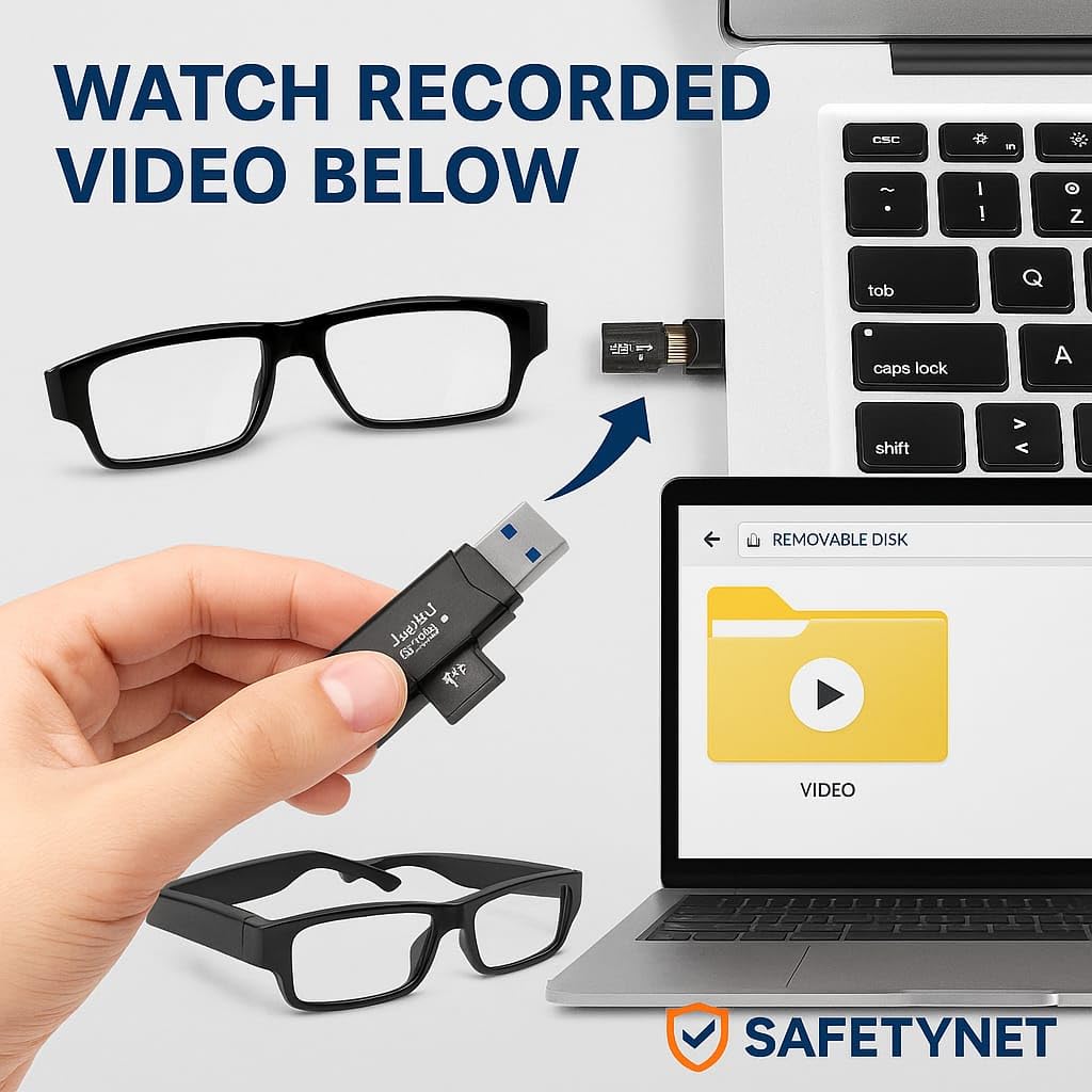 SAFETYNET Glasses Camera | 4K HD Video Recording | Discreet Lens Design | Lightweight Wearable for Home, Office & Meetings | Supports 64GB TF Card (Not Included)
