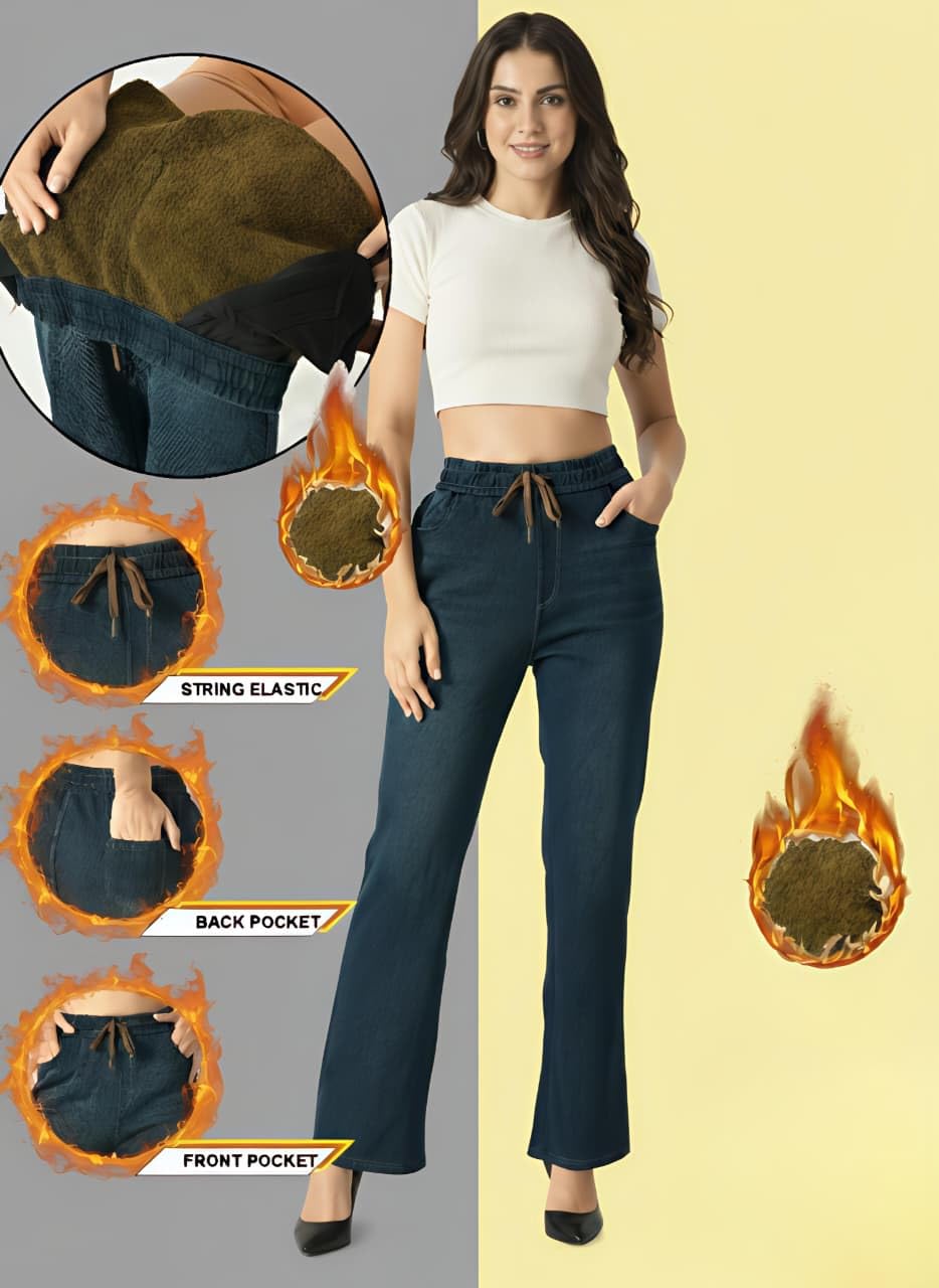 Knots N Stitches Women’s Fleece Lined High Waist Thermal Jeans | Winter Warm Stretch Denim Leggings with Pockets & Drawstring | Soft Elastic Waist Skinny Fit Pants | 2XL