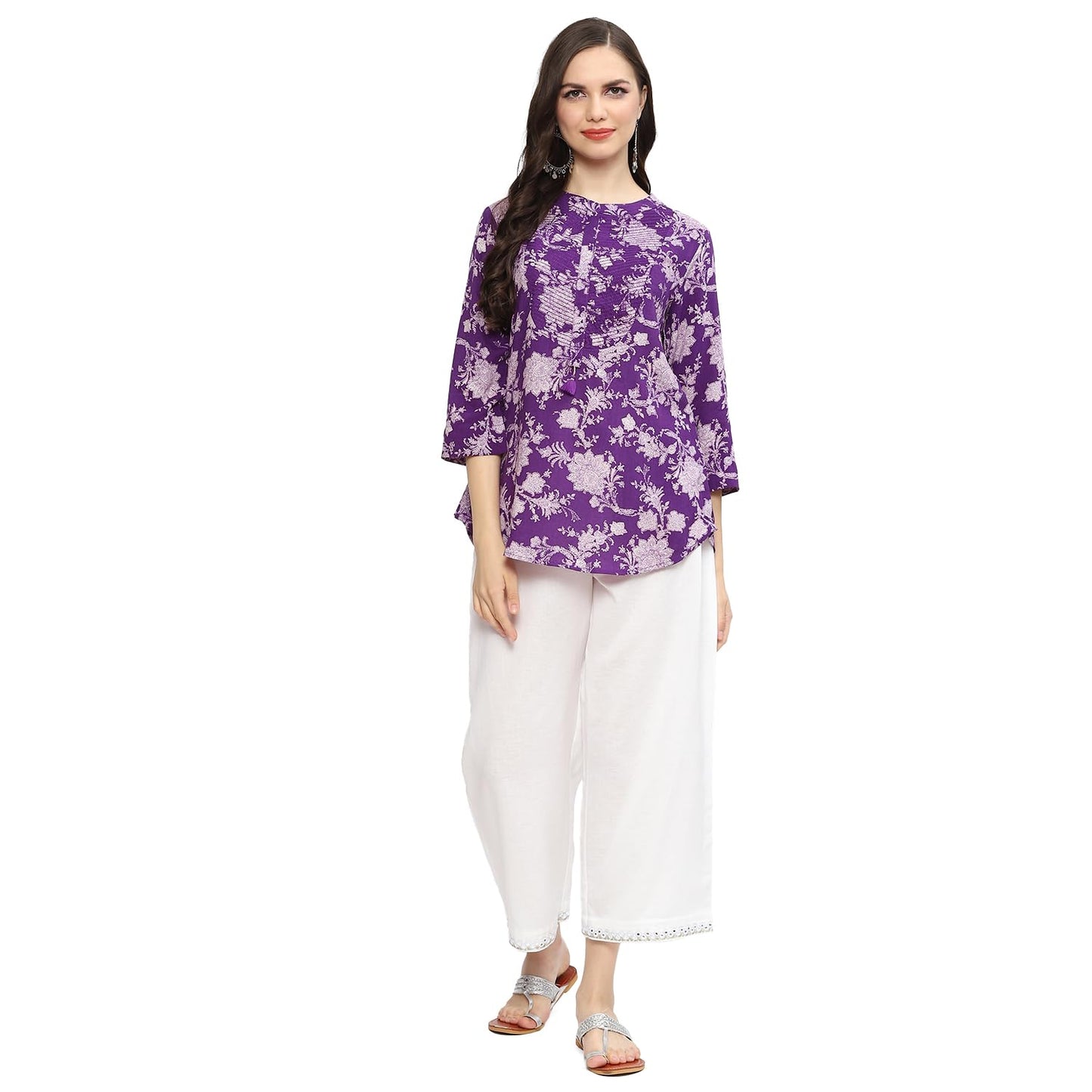 BIBA Women Rayon Printed Straight Kurta Mid Rise Pants (Palazzo) Size 90 CM (RUHAANI 19564 White_L)