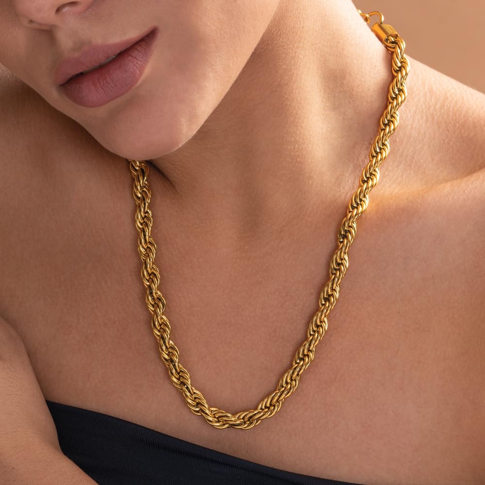 PALMONAS 18k Gold Plated Rebel Rope Chain for Womens - Waterproof & Anti-Tarnish, Gift for Girls & Women