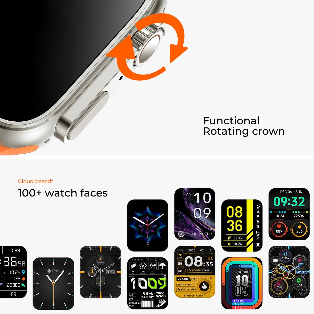 pTron Newly Launched Reflect Pro Smartwatch, Bluetooth Calling, 1.85" Full Touch Display, 600 NITS, Digital Crown, Metal Frame, 100+ Watch Faces, HR, SpO2, Voice Assist, 5 Days Battery Life (Gold)