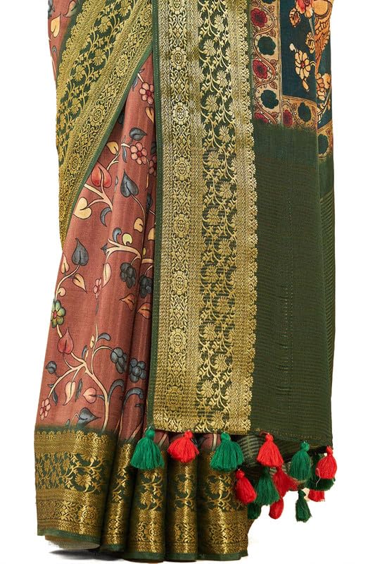 Soch Womens Brown Crepe Saree With Floral Kalamakari Print And Zari Borders