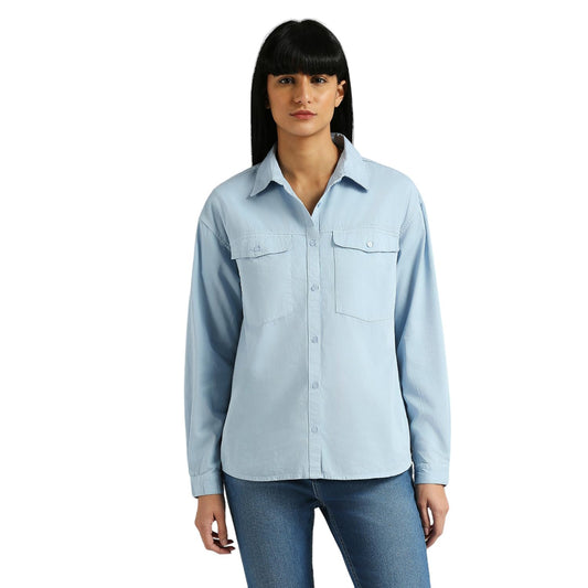Pepe Jeans Women's Solid Relaxed Fit Shirt (PL304911_Blue