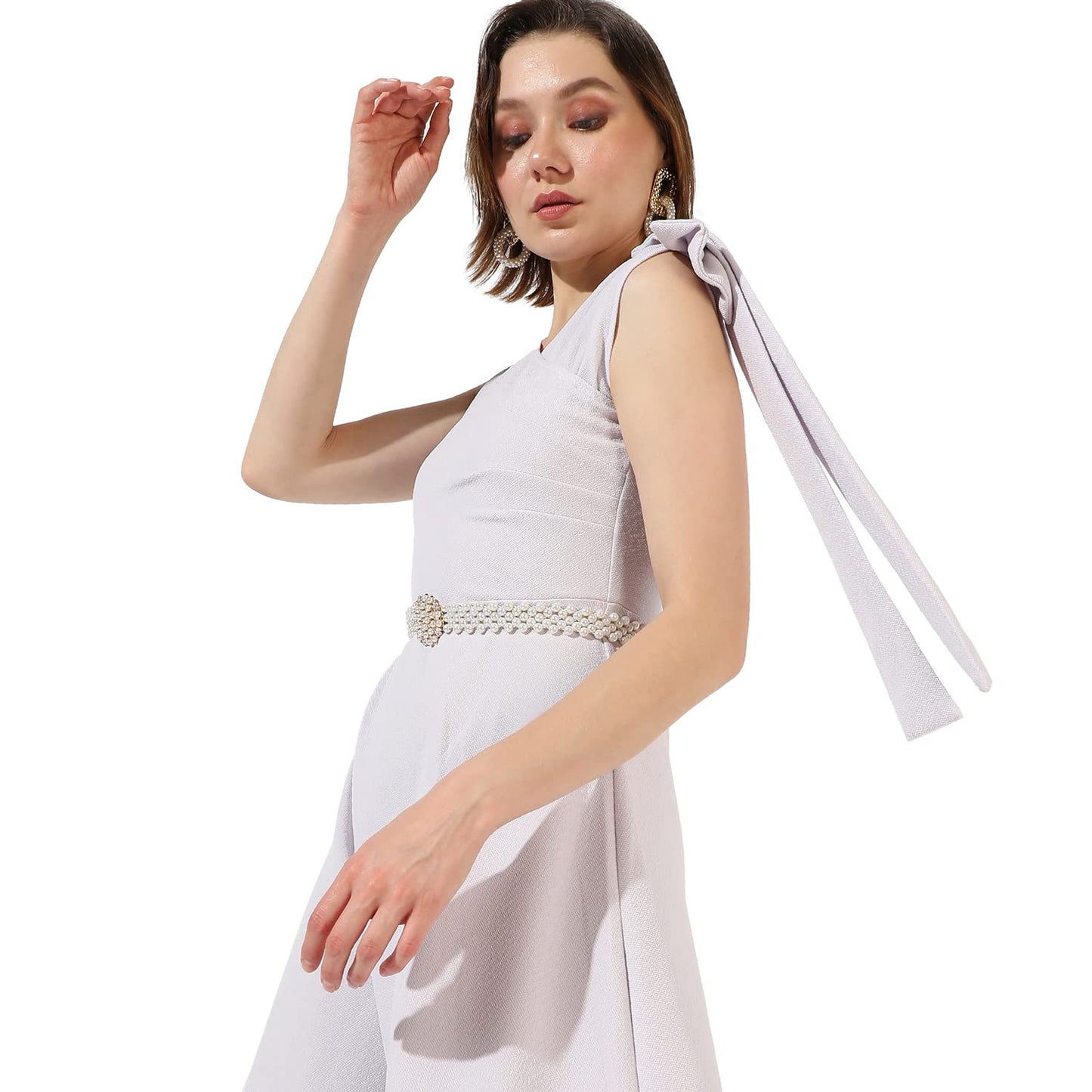 Campus Sutra Women's Solid White Sleeveless Midi Length Regular Fit Dress for Casual Wear | V Neck Dress Crafted with Comfort Fit and High Performance for Everyday Wear