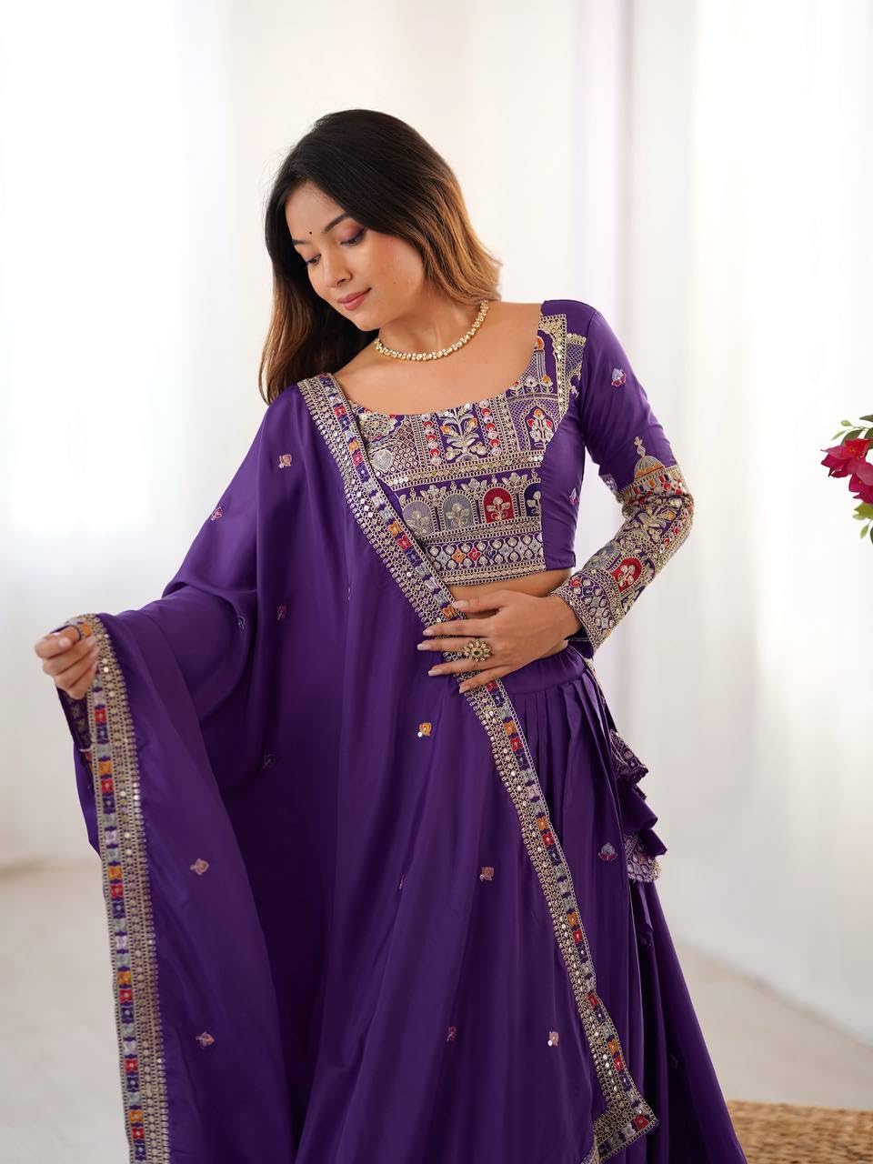 JIHU CULTURE Women's Natural Silk Coding Dori With Sequence Embroidery Work Semi Sttiched Lehenga Choli Set For Wedding (Purple)