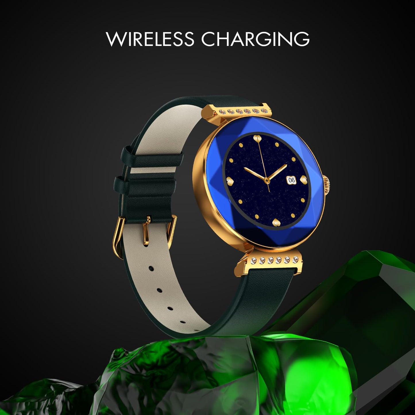 Fire-Boltt Emerald Gemstone-Studded Diamond Cut Smart Watch with 1.09” HD Display, Multiple Sports Modes, Health Suite, Wireless Charging, IP68 with Additional Stainless Steel Strap (Blue)