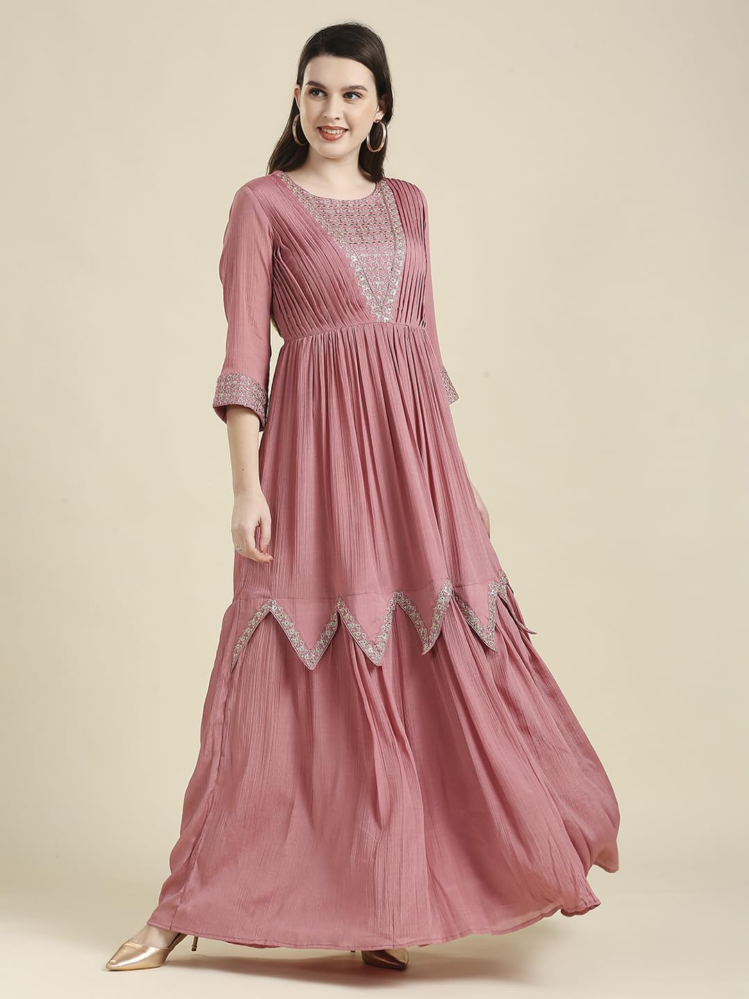 madhuram textiles Women's Chinon Chiffon Traditional Ethnic Long Western Straight, Ankle Length Dress With Embroidery Work Long Kurta(M-2361, In, Alpha, M, Regular, Pink)