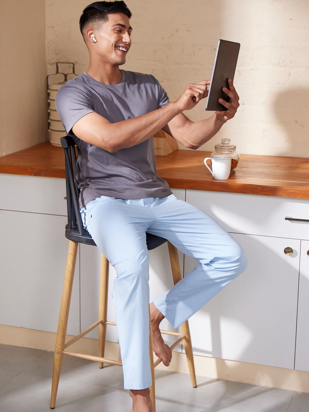 DaMENSCH The Stretch Men's Woven Cotton Tapered Fit Pyjama Pants- Sky is blue- X-Large