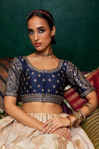 Soch Womens Navy Blue Tussar Embroidered Front-Open Blouse with Sequin Embellishments