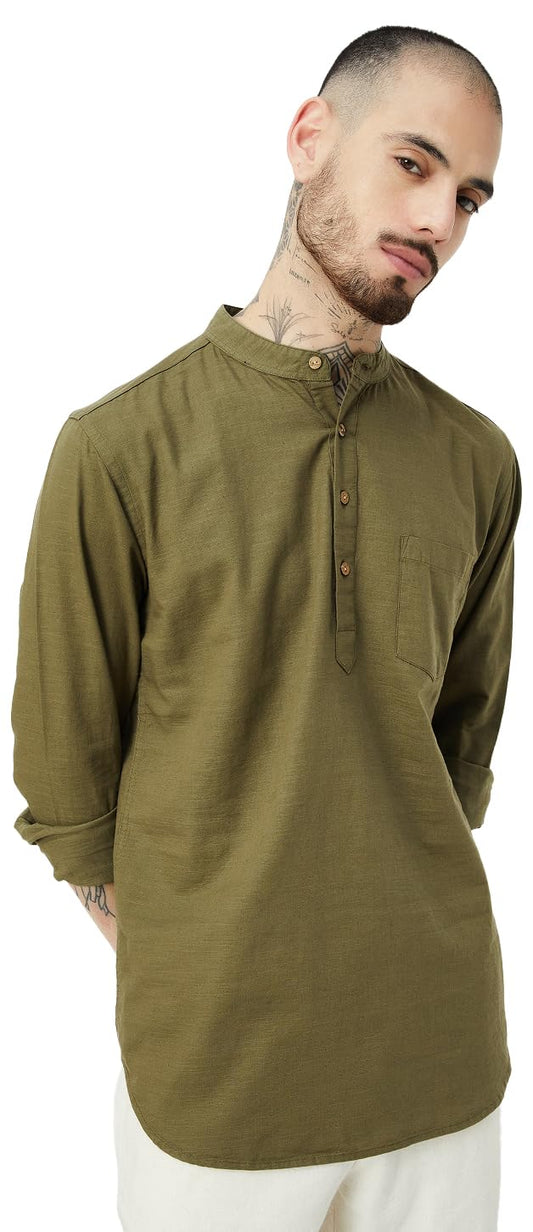 Max Men Solid Slim Fit Short Kurta(Green_S)