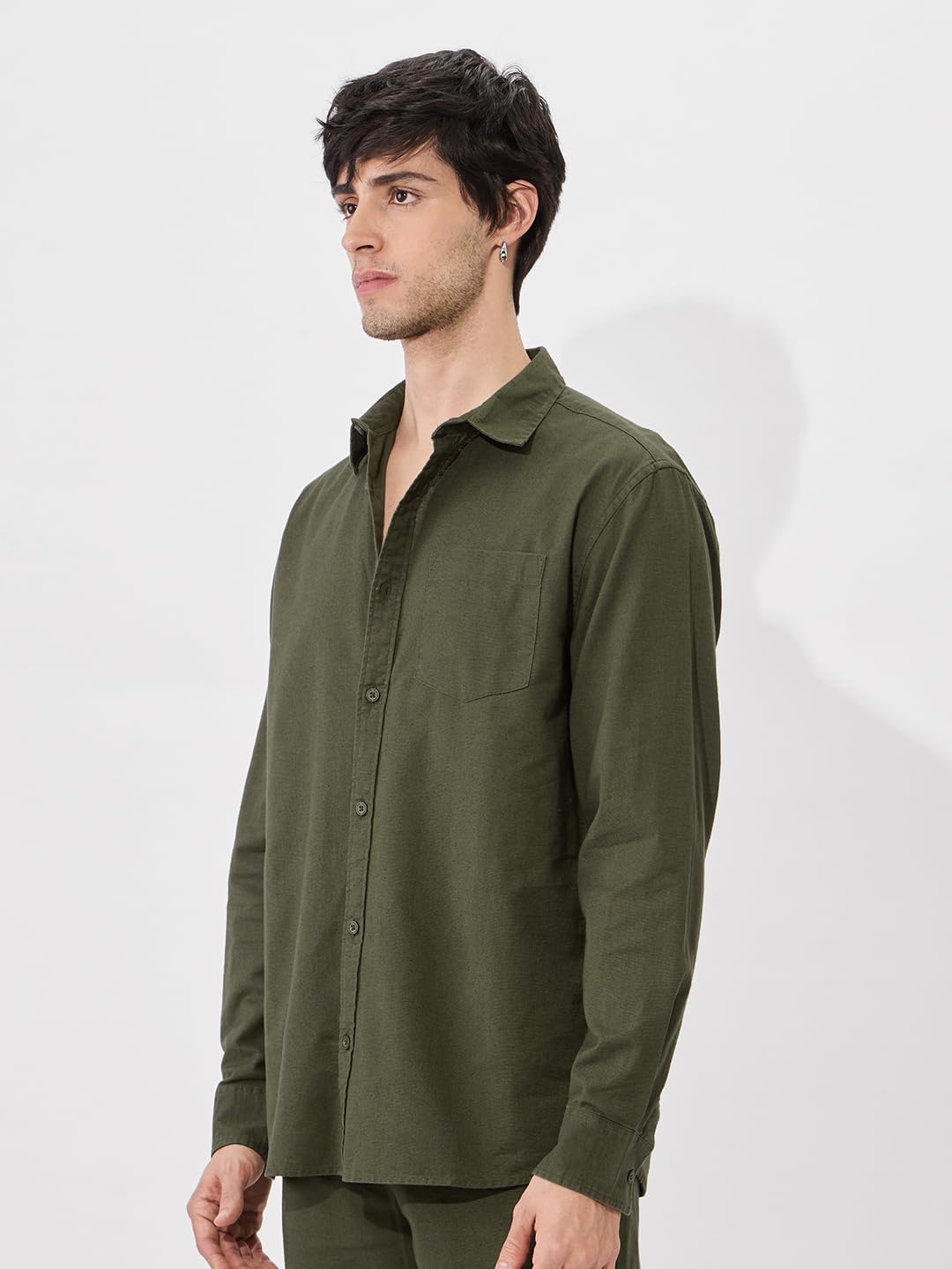 The Souled Store Solids: Olive Green Men and Boys Collared Neck Long Sleeve Button Front Regular Fit Cotton Linen Shirts Solid Shirts Casual Button-Down Full Sleeve Casual Workwear Fashionable Stylish