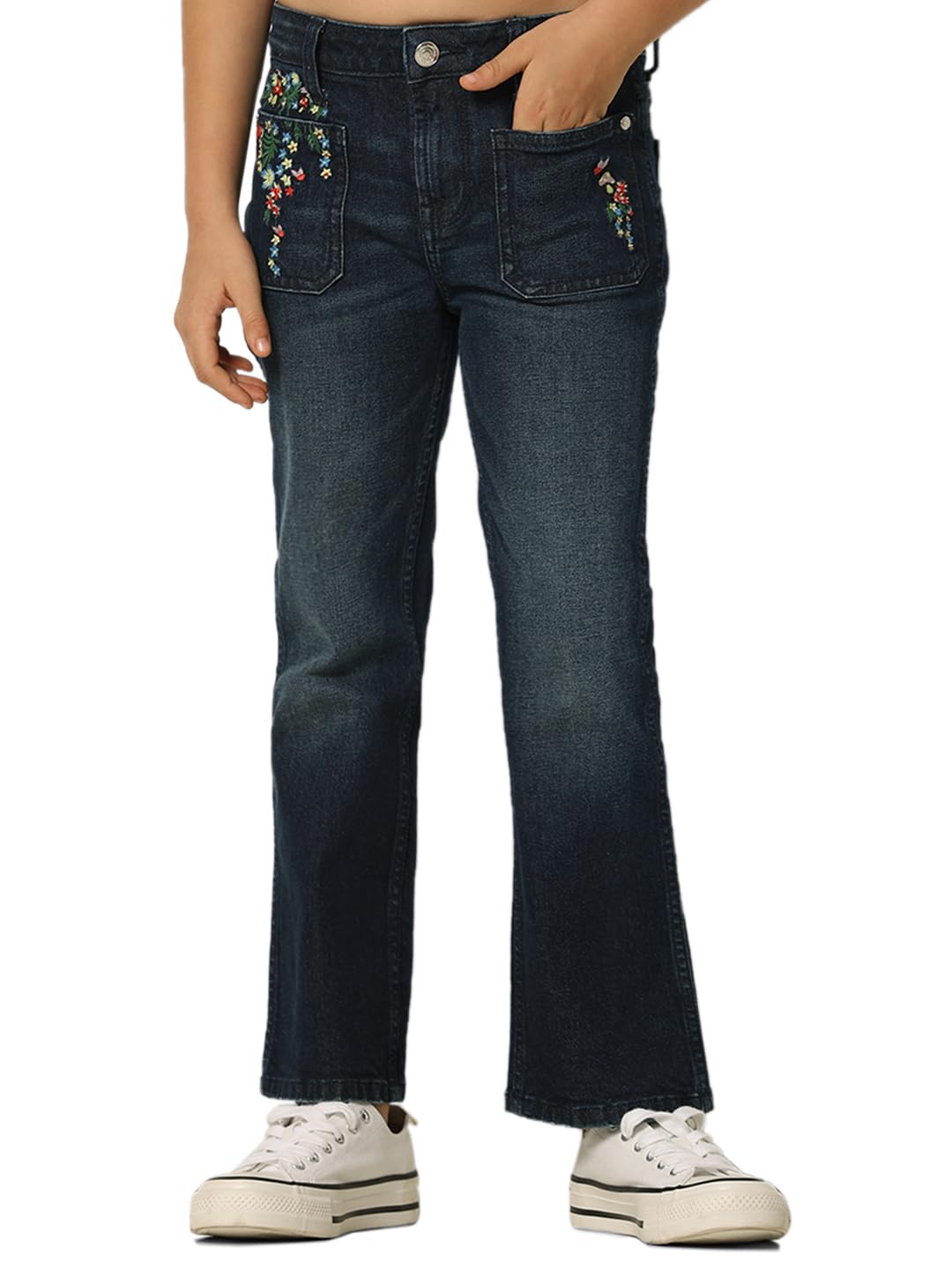 VERO MODA Girls Embroidery Cotton Blend Bootcut Mid Rise Dark Blue Jeans