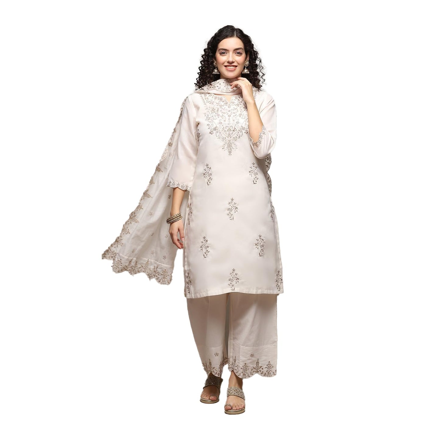 BIBA Cotton Blend Women Embroidery Straight Salwar Kurta Dupatta(Skdassorted8609_Off White_38)