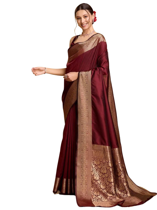 AMIRAT Women's Banarasi silk plain saree With Golden Zari Woven Border With Blouse Piece (maroon)