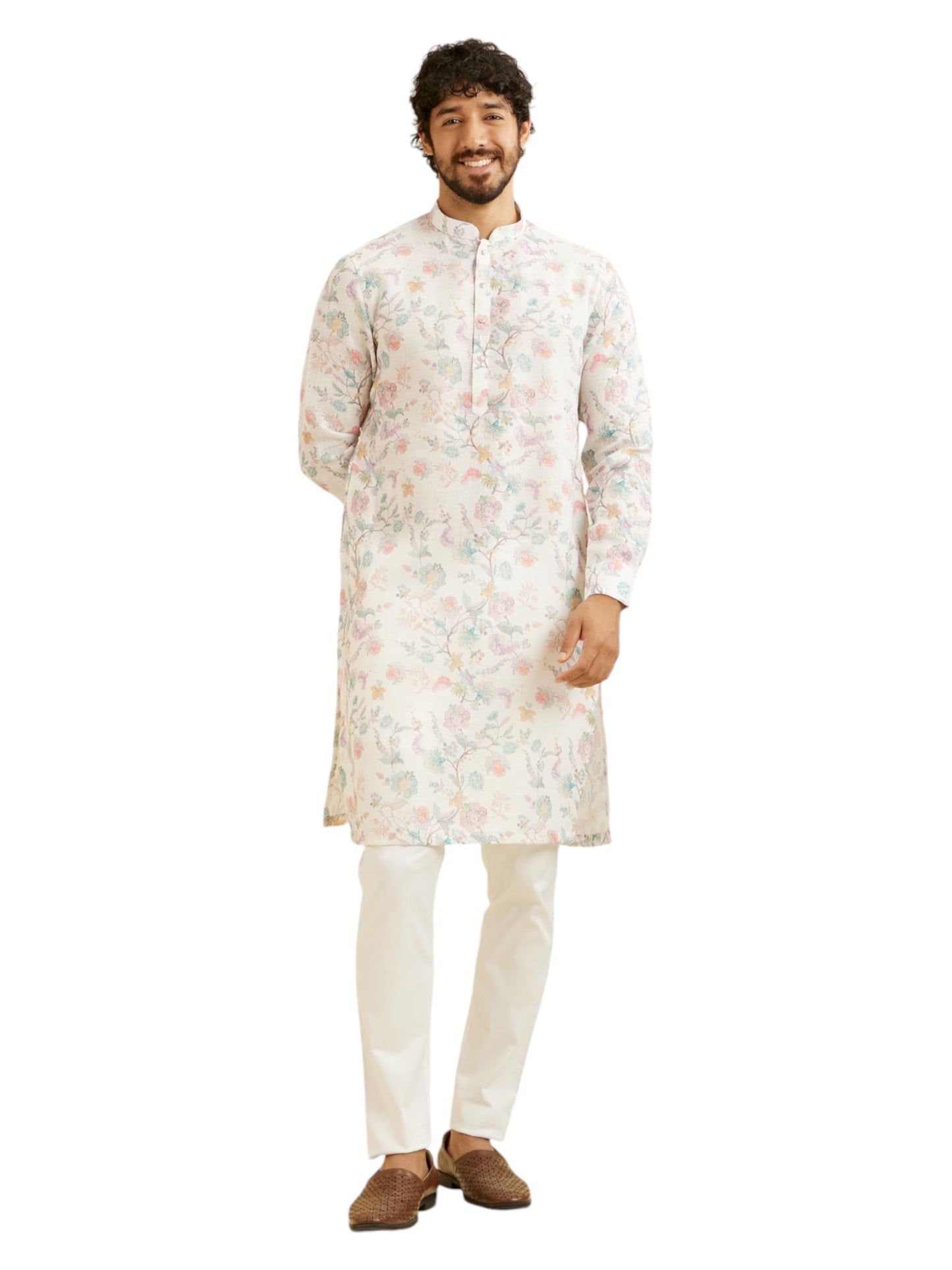 Manyavar Men's Cotton Blend Floral Print Long Kurta (White,L)