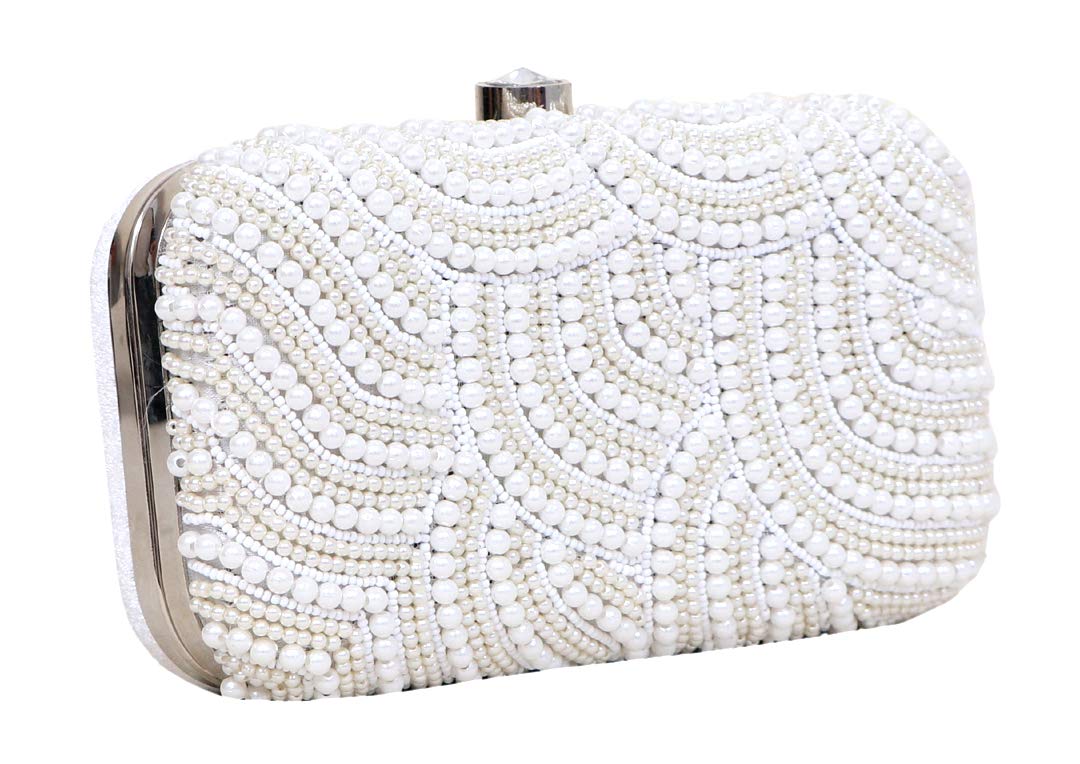 DUCHESS Women's Velvet Pearl Box Clutch with Detachable Chain Sling Strap - Hand Clutch Wallet Purse for Wedding Party, Casual (White, 7 x2x 4 inches)