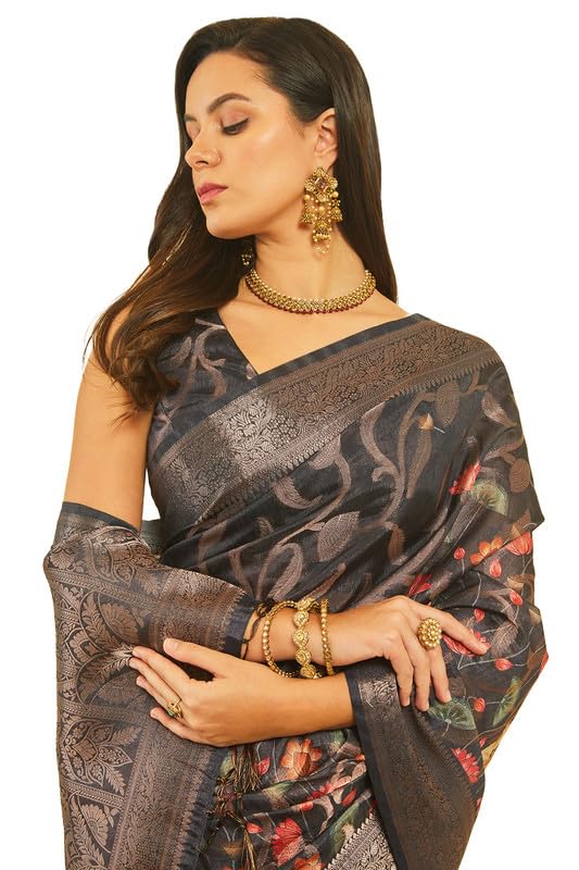 Soch Womens Black Floral Print Chanderi Jacquard Weave Saree