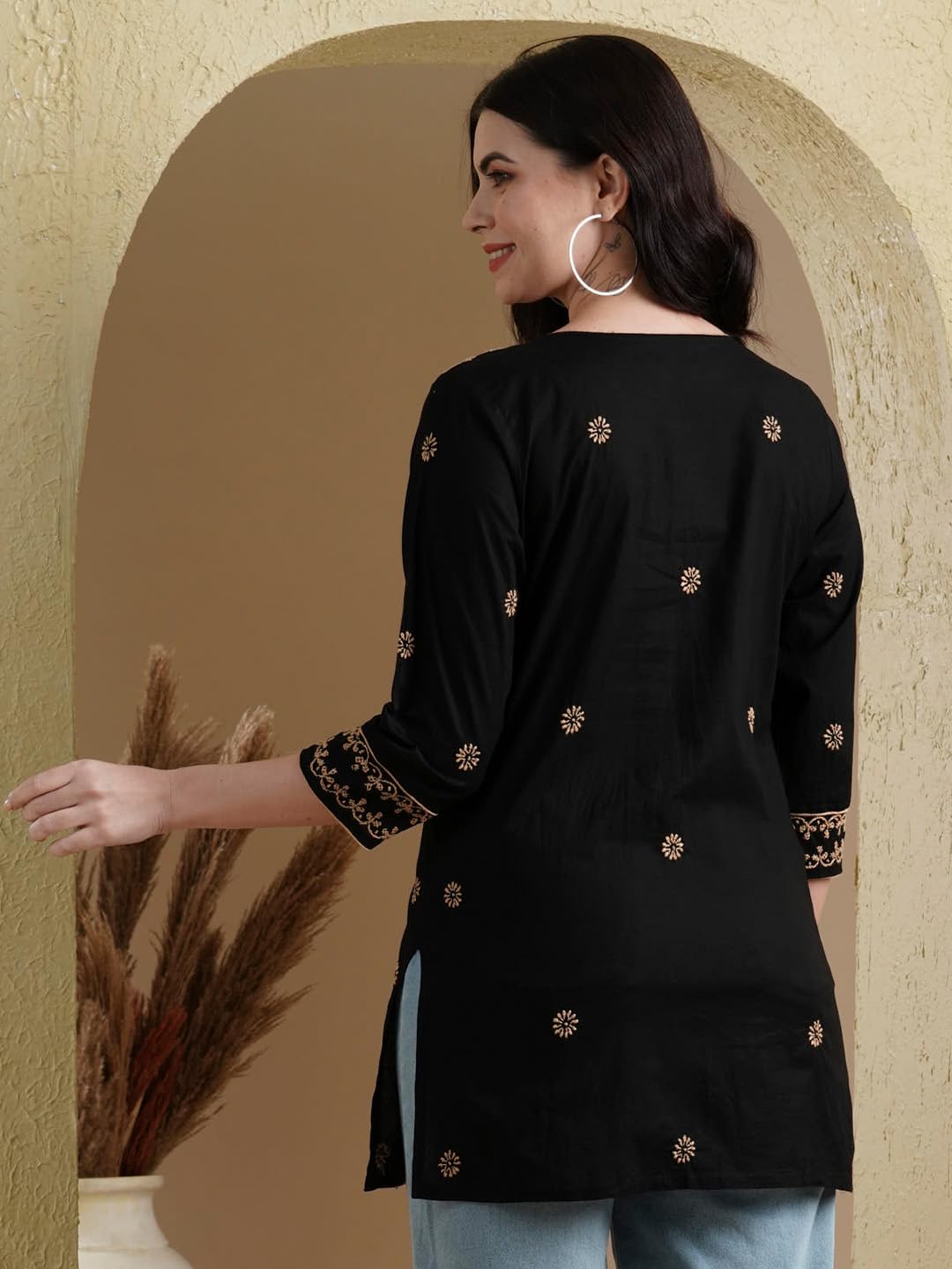 Ada Hand Embroidered Black Cotton Top Tunic Lucknowi Chikankari Short Kurti for Women A911381 (XL)