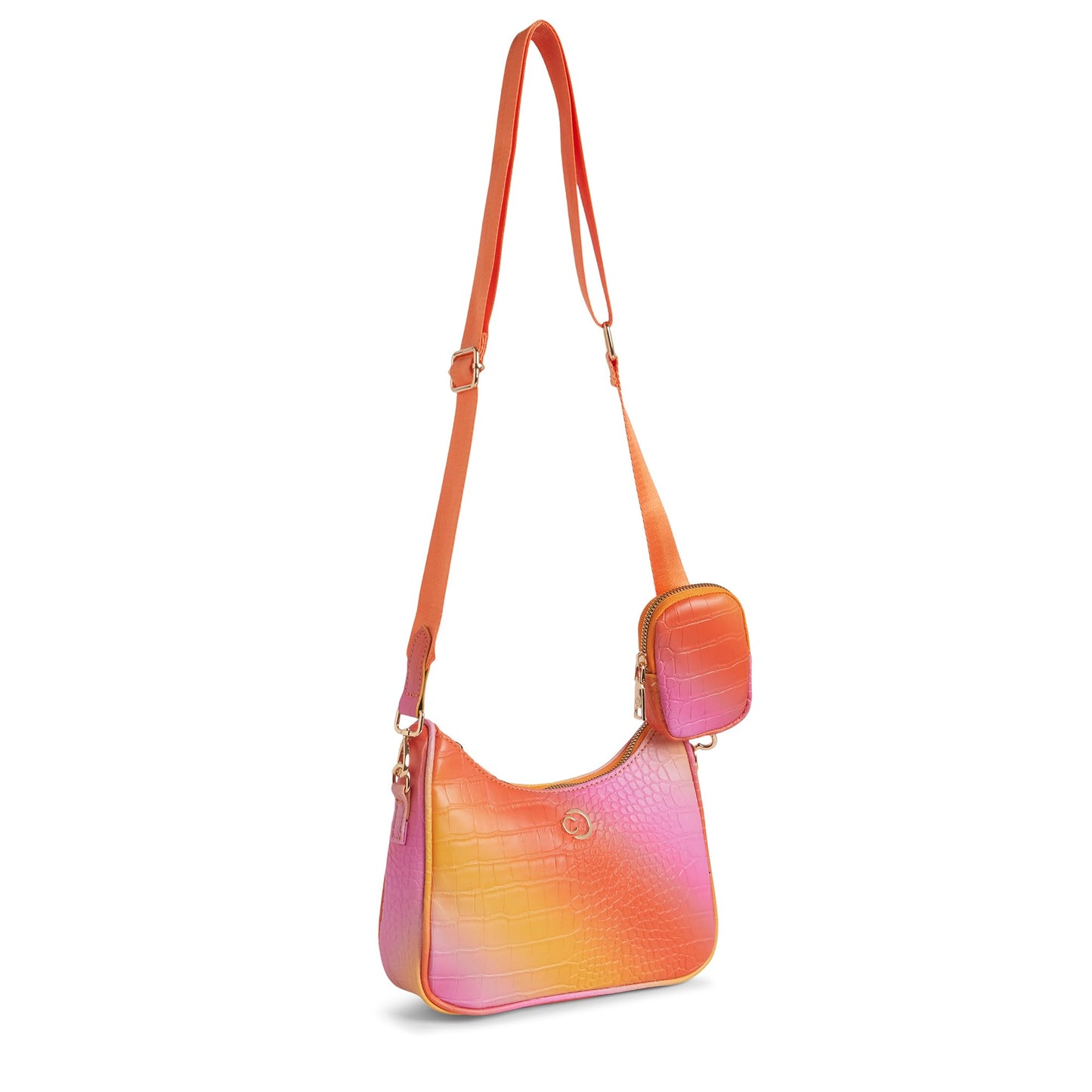 Caprese Marilyn Medium Sling Bag for Women | Croc Pattern Crossbody Bag with Detachable Mini Pouch | Adjustable Strap Shoulder Bag for Everyday Use (Coral Ombre)