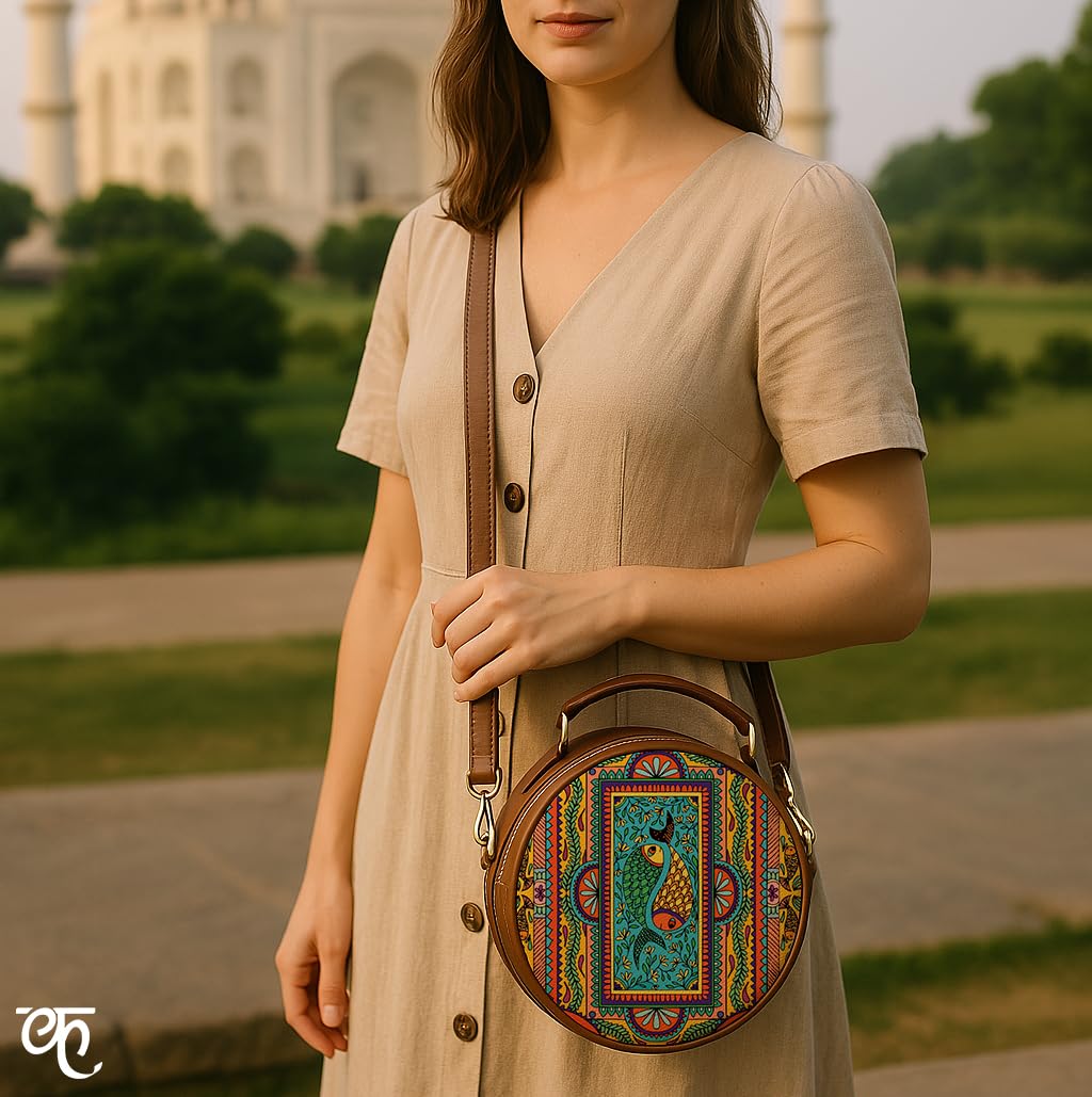 Kalankit Round Women Sling Bag | Stylish Pure Vegan Leather Crossbody Bag for Girls and Ladies | Detachable Shoulder Strap & Zipper Flap Bag | Multicolor
