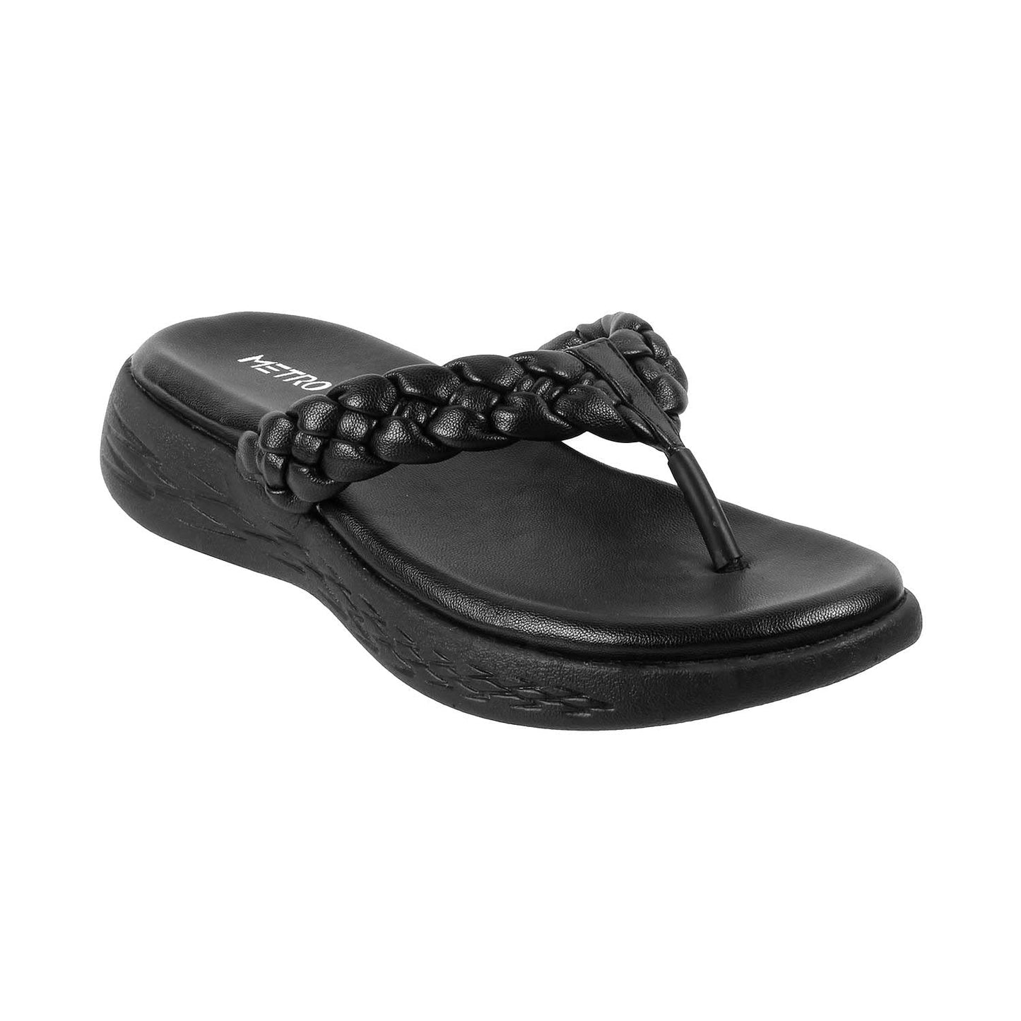 Metro Women Black Synthetic Leather Thong Slipper | Sandal