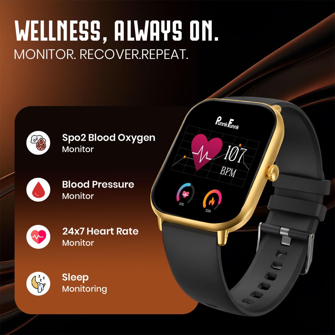 PunnkFunnk NeoLux 1.96” HD Display Smartwatch for Men & Women 2025 | Bluetooth Calling | 110+ Sports Modes | Heart Rate | SpO2 | IP67 Waterproof | Compatible with Android & iOS - (Gold Dial Black)