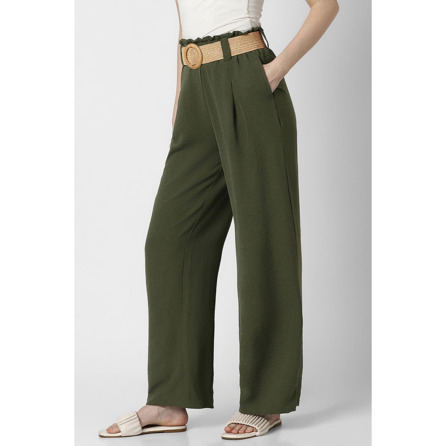 Women Olive Solid Casual Trousers