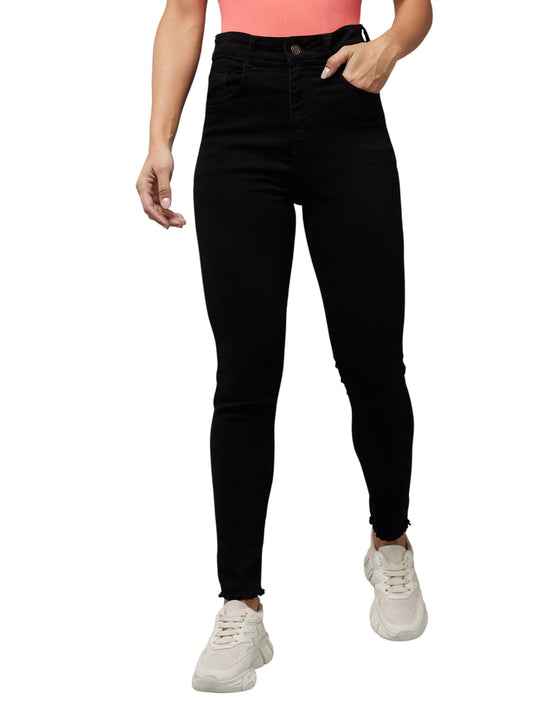 Dolce Crudo Women's Skinny Fringed Detailing High Rise Cropped Stretchable Denim Jeans (DOAW18DEN02-76-380-38, Jet Black, 38)