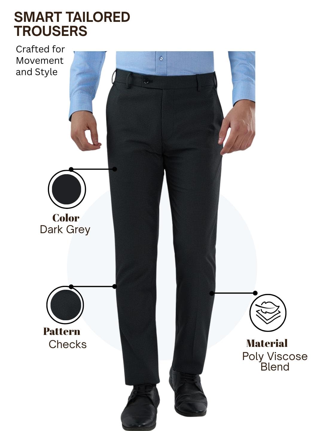 Raymond Men’s Slim Fit Formal Trousers, Poly Viscose Blend, Checked Pattern Design, Office Wear | Dark Grey