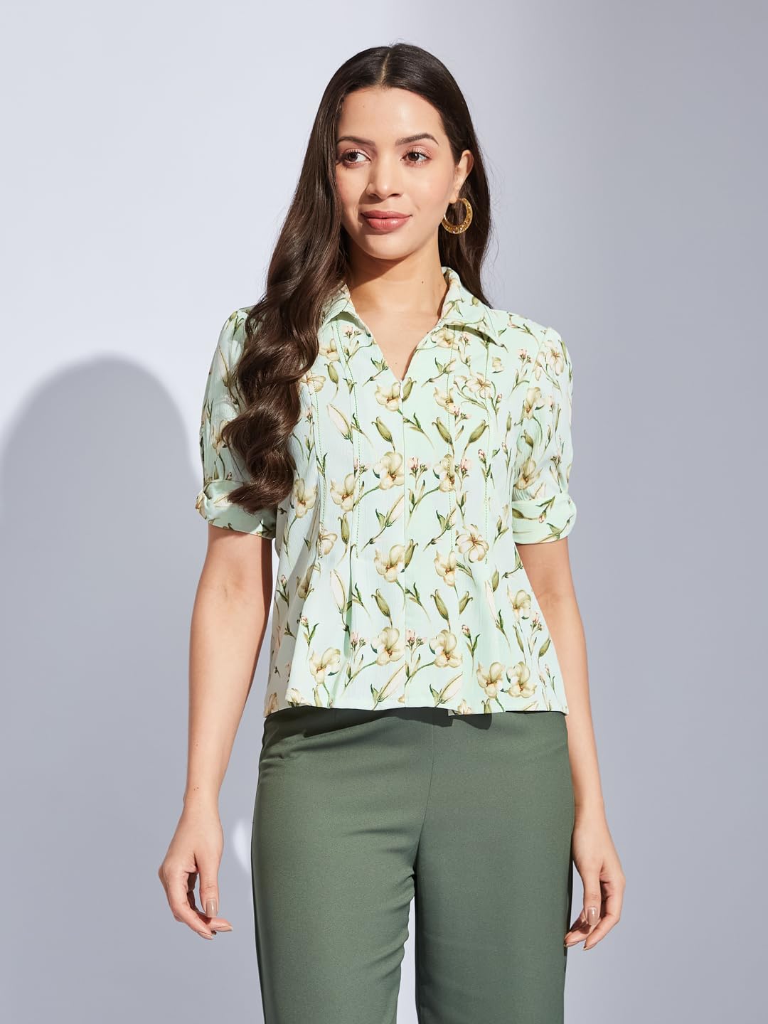 Latin Quarters Women Green Collared Half Sleeves Printed Shirt Blouse for Casual Wear_M