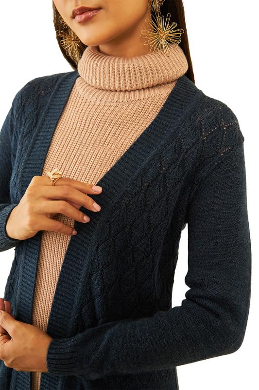 Soch Womens Navy Blue Acrylic Pointelle Knit Open-Front Longline Shrug with Pockets