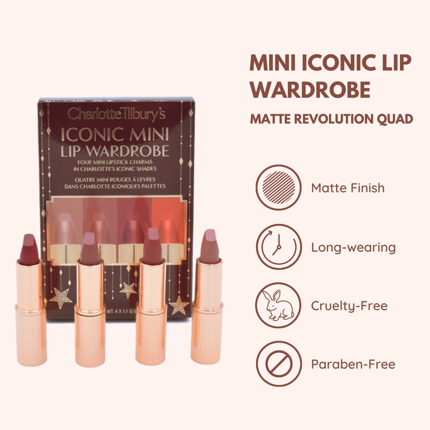 Charlotte Tilbury Mini Iconic Lip Wardrobe - Matte Revolution Quad 4 Lipsticks Gift Set:: Pillow Talk, Pillow Talk Medium, Walk of No Shame, Red Carpet Red - Long Lasting