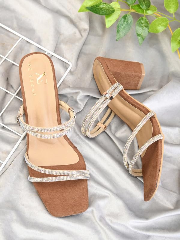 XE Looks Tan Fashion Sandals | Faux Leather Trendy and Stylish Block Heel | For Wedding Occasion 3 Inches Heel | For Women & Girls