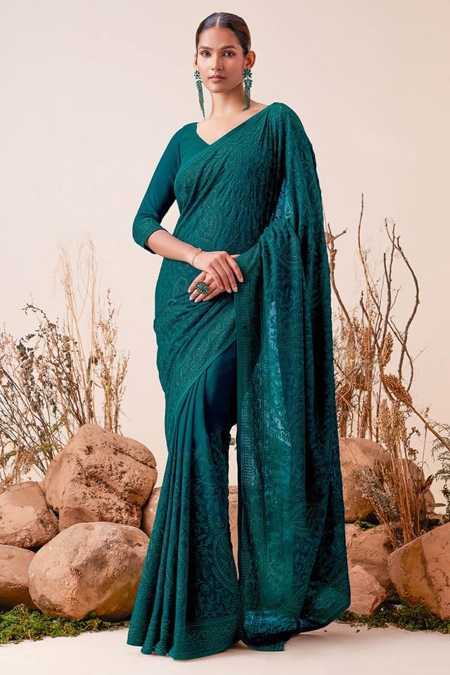 Soch Womens Teal Georgette Saree With Paisley Embroidery And Stone