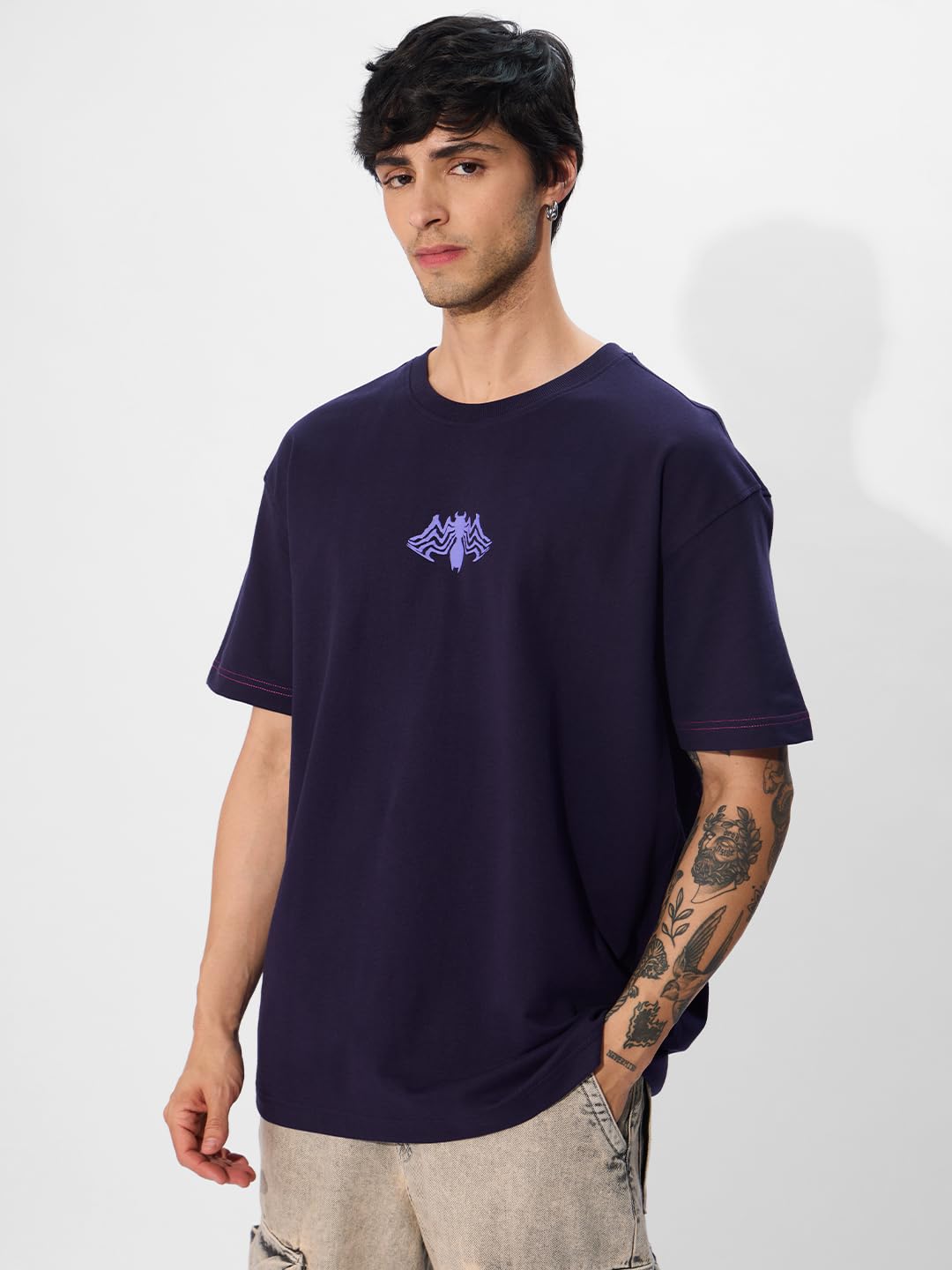 The Souled Store Official Marvel: Venom Symbiote Oversized T-Shirt for Men Boys Cotton Casual Half Sleeves Baggy Loose Fit Drop Shoulder Round Neck Navy Blue