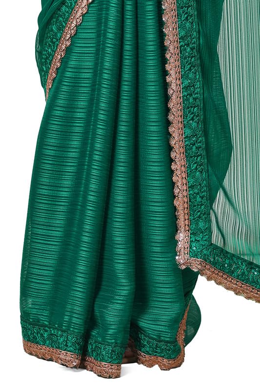 Soch Womens Green Chiffon Striped Saree with Copper Lace Border